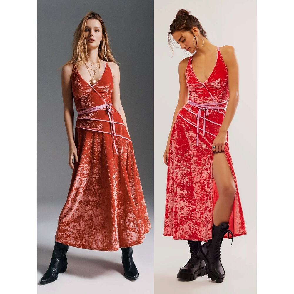 Free People Deia Velvet Midi Dress Pink Rose Strappy Dainty Romantic Medium